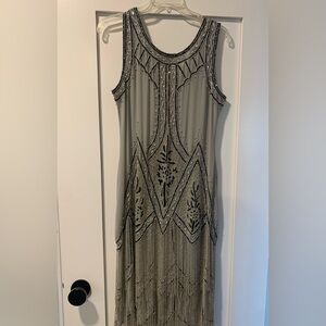 Gatsby flapper dress.Silver gray with clear, black beading, details